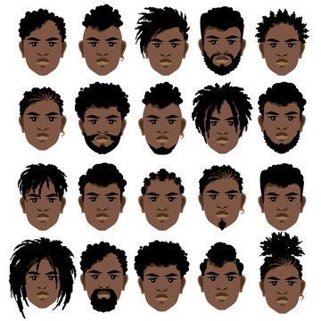 Set of cartoon faces of black men with different hairstyles, beard and  mustache. Vector illustration. Stock Vector | Adobe Stock