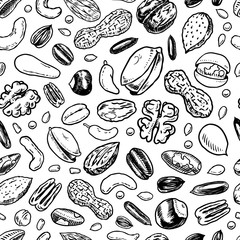 Fototapeta na wymiar Nuts seamless pattern. Seeds and granule, corn and grain. Hazelnut, Walnut, Almonds. Food concept. Top view background. Vintage poster. Engraved hand drawn sketch in Monochrome style.