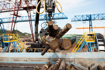 The work of a gantry crane in the plywood factory