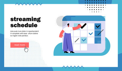Streaming schedule, website landing page. Man puts a mark on the calendar. Template for blog channel. Cartoon flat vector illustration