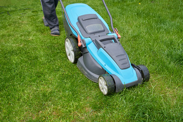 Fototapeta premium Electric lawn mower mows a bright green overgrown lawn, close-up
