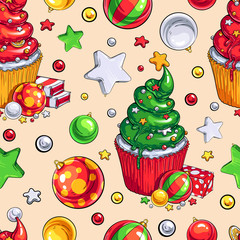 Christmas Desserts and Attributes vector seamless pattern. For textile, graphic and web design, posters, package, greeting cards, invitations and backgrounds of any kind. Christmas and New Year design