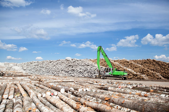 A reloader (excavator) in the open warehouse of logs for a plywood factory