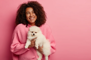 Selective focus. Positive Afro American girl holds Pomeranian spitz, being in good mood, presses pet closely to body, imagines pleasant day wears knitted sweater, poses against pink background