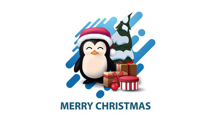 White minimalistic modern Christmas postcard with blue abstract liquid shape and penguin in Santa Claus hat with presents