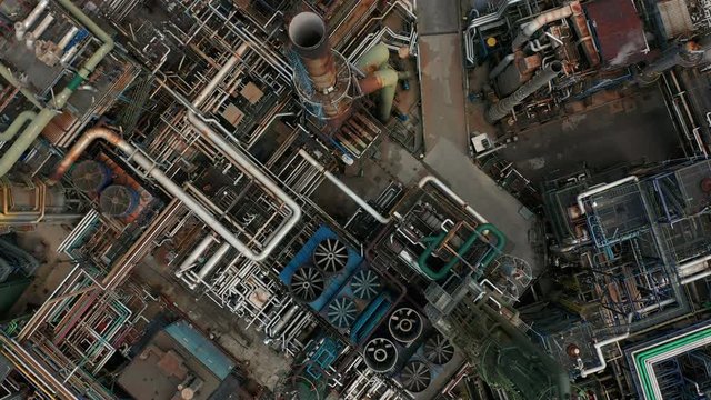 Aerial top down view over oil refinery or chemical factory