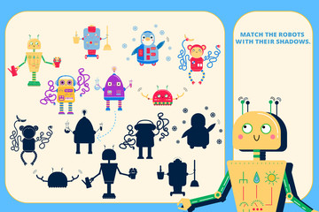 Color visual puzzle page for preschool kids. Find the correct shadow game. Matching. Robots for children.