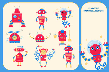 Fototapeta premium Color visual puzzle page for preschool kids. Find identical images game. Robots for children.
