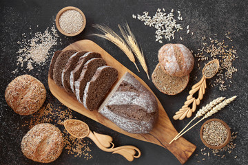 High fibre  rye bread loaf with sour dough & seeded rolls, loose grain & seeds. High in vitamins,...