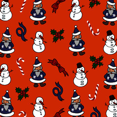 Christmas orange background in doodle style with  snowmen, santas, bows, ribbons, holly, and candy. For decorations or gift paper.