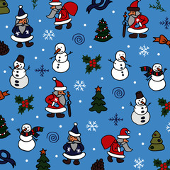 Christmas background in doodle style with Christmas trees, snowmen, santas, snowflakes, cones, holly, ribbons and bows.
