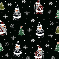 Christmas green background in doodle style with  santas, Christmas trees, snowflakes and snow balls. For decorations or gift paper.
