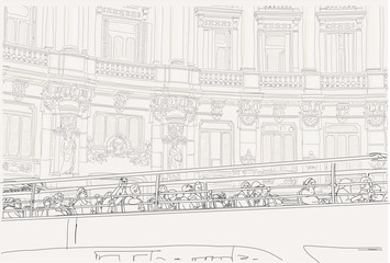 Obraz premium Hand drawn illustration. People ride a hop on hop off tourist bus through a big European city