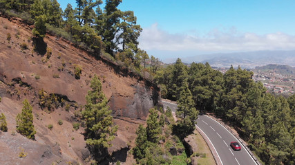 Road through the forest with tall trees, serpentine in the mountains of Tenerife, Spain. Car move along a ridge, aerial view
