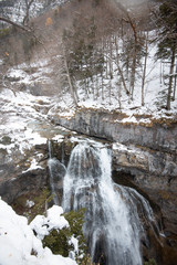 Ordesa National Valley in snowy autumn, located in Pyrenees Spain
