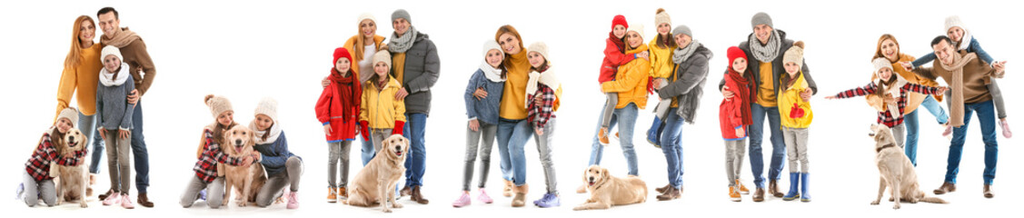 Happy family in autumn clothes and with dog on white background
