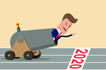Businessman in cannon on starting line of the year 2020. Starting career, business concept. Vector illustration