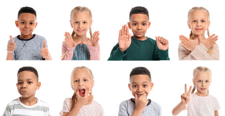 Collage with little children on white background. Concept of speech therapy