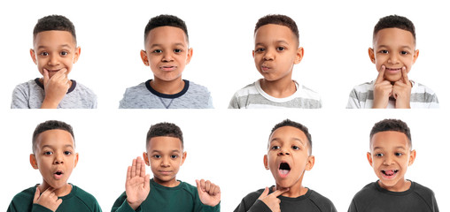 Collage with little boy on white background. Concept of speech therapy