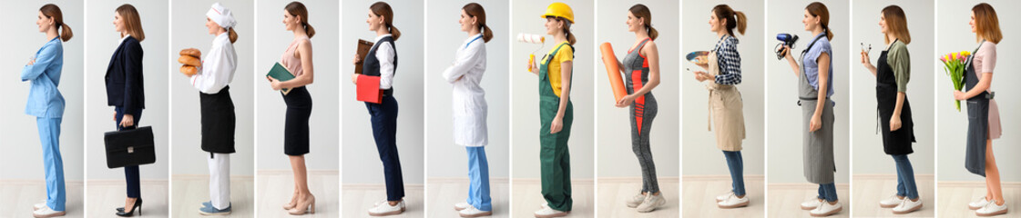 Collage with woman in uniforms of different professions