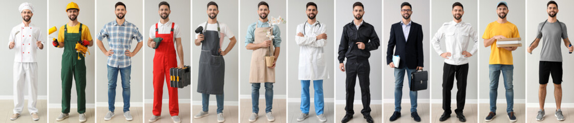 Collage with young man in uniforms of different professions