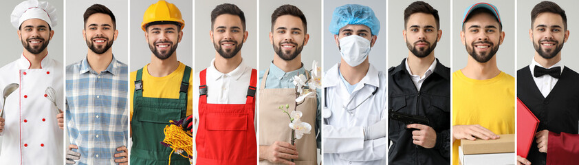 Collage with young man in uniforms of different professions - obrazy, fototapety, plakaty