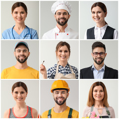 Collage with people in uniforms of different professions