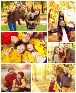 Collage of photos with happy family in autumn park
