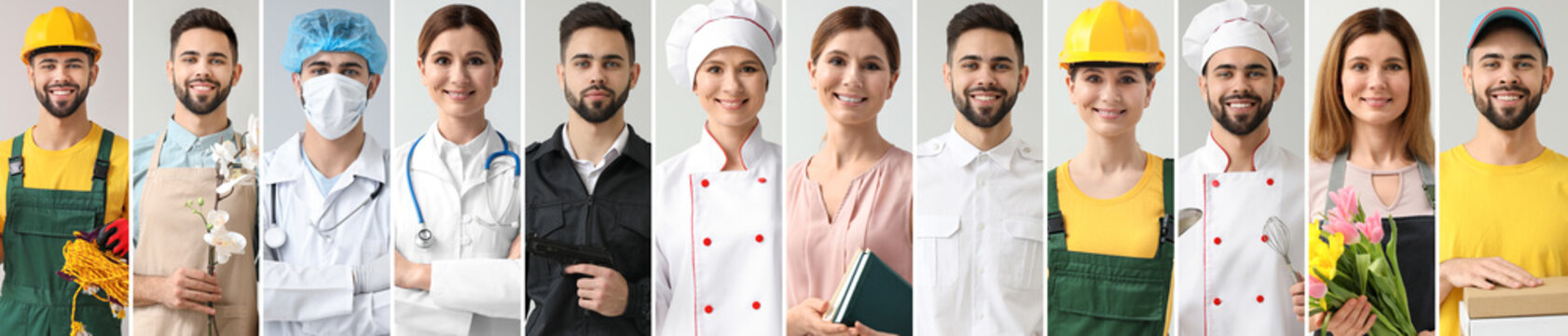 Collage with people in uniforms of different professions