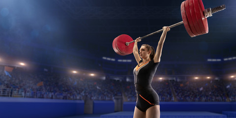 Female athlete is lifting a barbell on a professional stadium. Stadium and crowd are made in 3d.