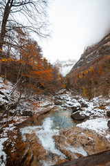Ordesa National Valley in snowy autumn, located in Pyrenees Spain