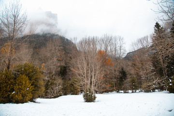 Ordesa National Valley in snowy autumn, located in Pyrenees Spain