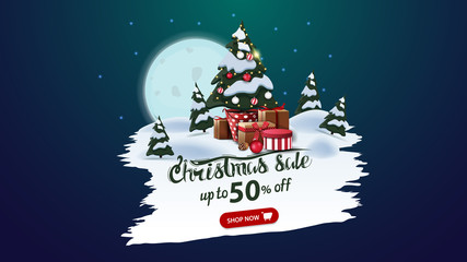 Fototapeta na wymiar Christmas sale, up to 50% off, discount banner with big full moon, pines forest and Christmas tree in a pot with gifts