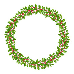 Christmas wreath decoration holly with green leaves and red berries.Traditional symbol for the festive season.Isolated