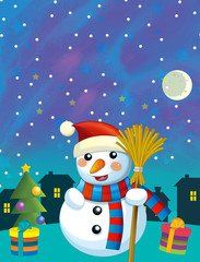 Naklejka premium Christmas happy scene with different animals santa claus and snowman - illustration for the children