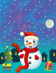 Christmas happy scene with different animals santa claus and snowman - illustration for the children
