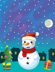 Christmas happy scene with different animals santa claus and snowman - illustration for the children