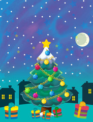 cartoon christmas scene with decorations and tree in the city by the night illustration for children