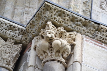 fantastic animals on the capitals of the columns of the entrance portico of the Cathedral of Saint-Sernin in Toulouse
