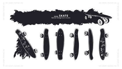 Collection of vector black skateboards. Hand drawing textures, sport designs. Grunge style. © SportArtGame