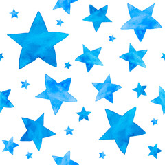 Isolated watercolor illustration of blue stars pattern set