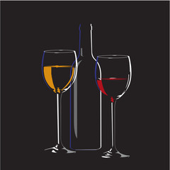 Rotwein und Weißwein mit Flasche im magischen Licht