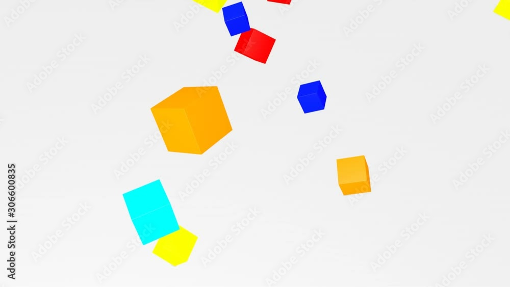 Poster multicolored cubes falling on a white background. abstract animation. 3d render