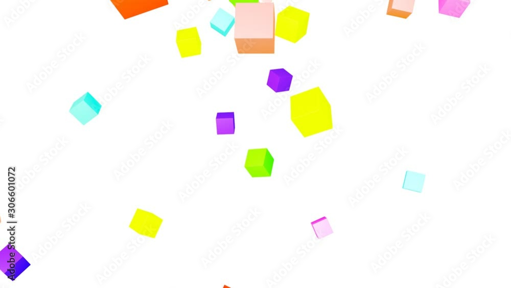 Poster multicolored cubes falling on a white background. abstract animation. 3d render