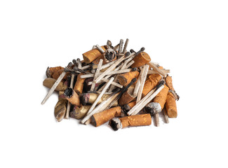cigarette butts and burnt matches in a bunch isolated on white background