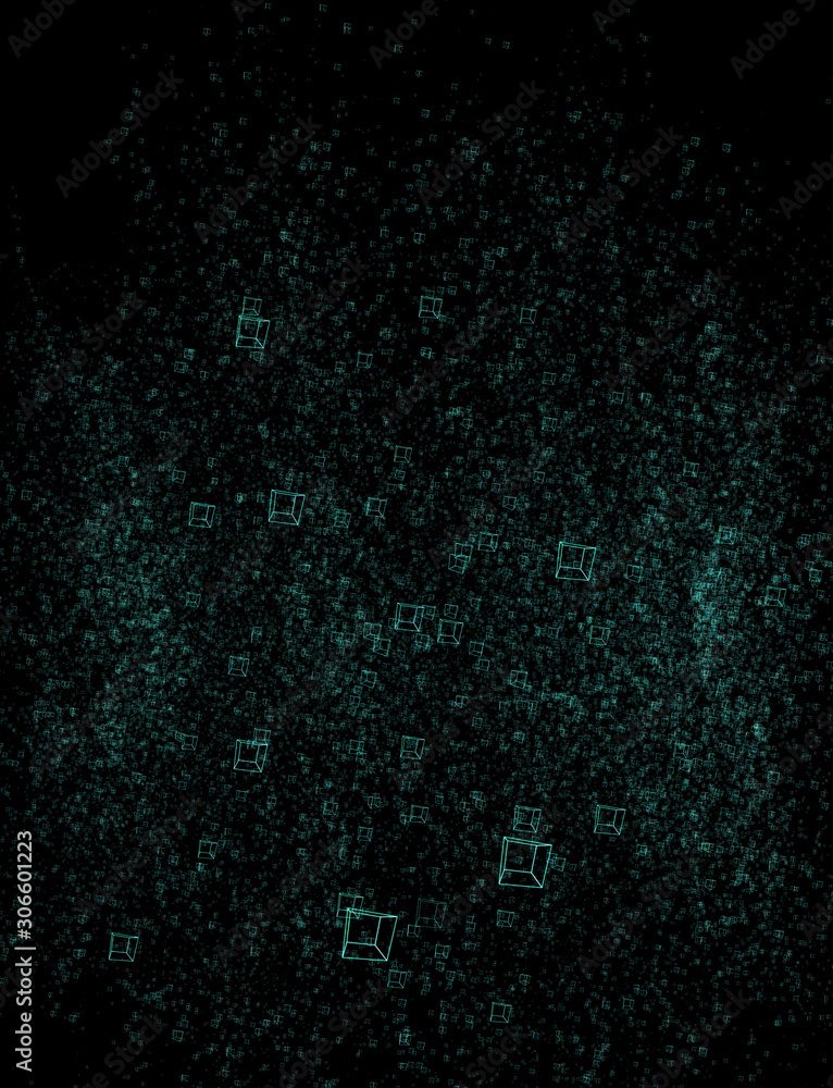 Poster chaos of transparent green cubes on a black background