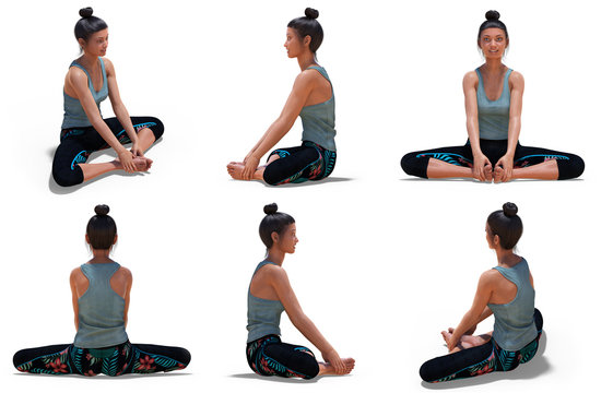 Woman in Yoga Bound Angle Pose with 6 angles of view