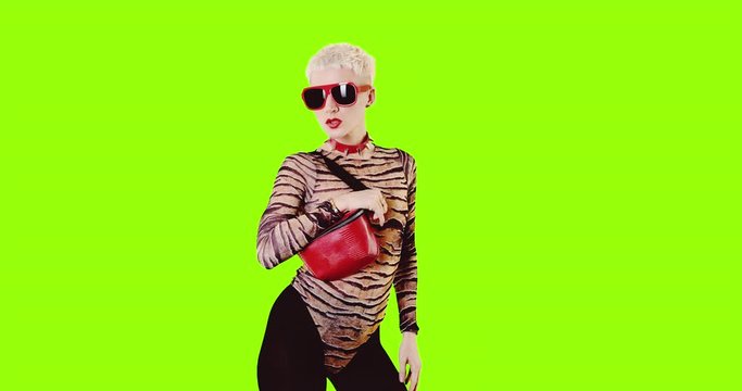 Minimal motion gif design. Fashion model with stylish 
accessories red clutch and sunglasses