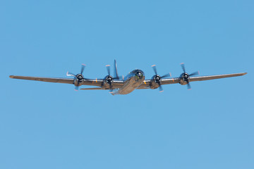 Front view of a rare WWII bomber (B-29 Superfortress) flying 