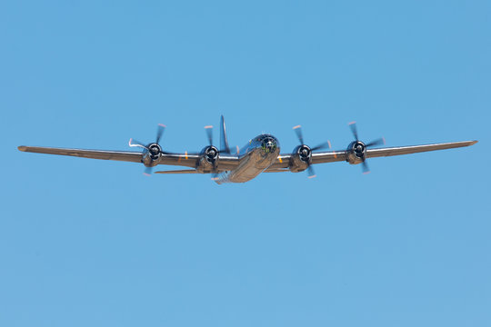 Front view of a rare WWII bomber (B-29 Superfortress) flying 